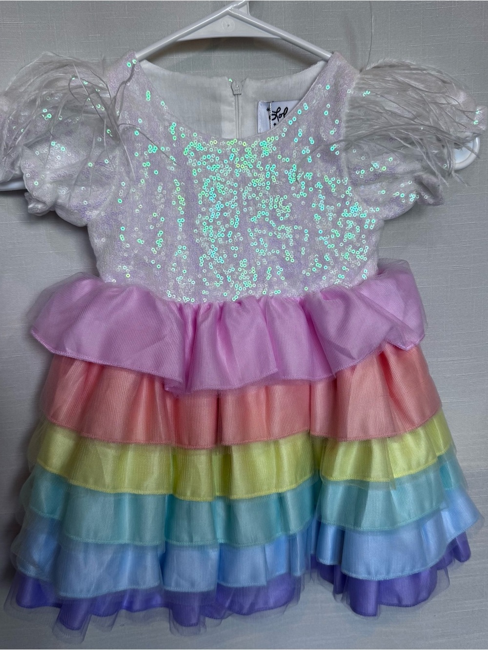Lola + The Boys White Sequin Bodice Rainbow Tiered Party Dress